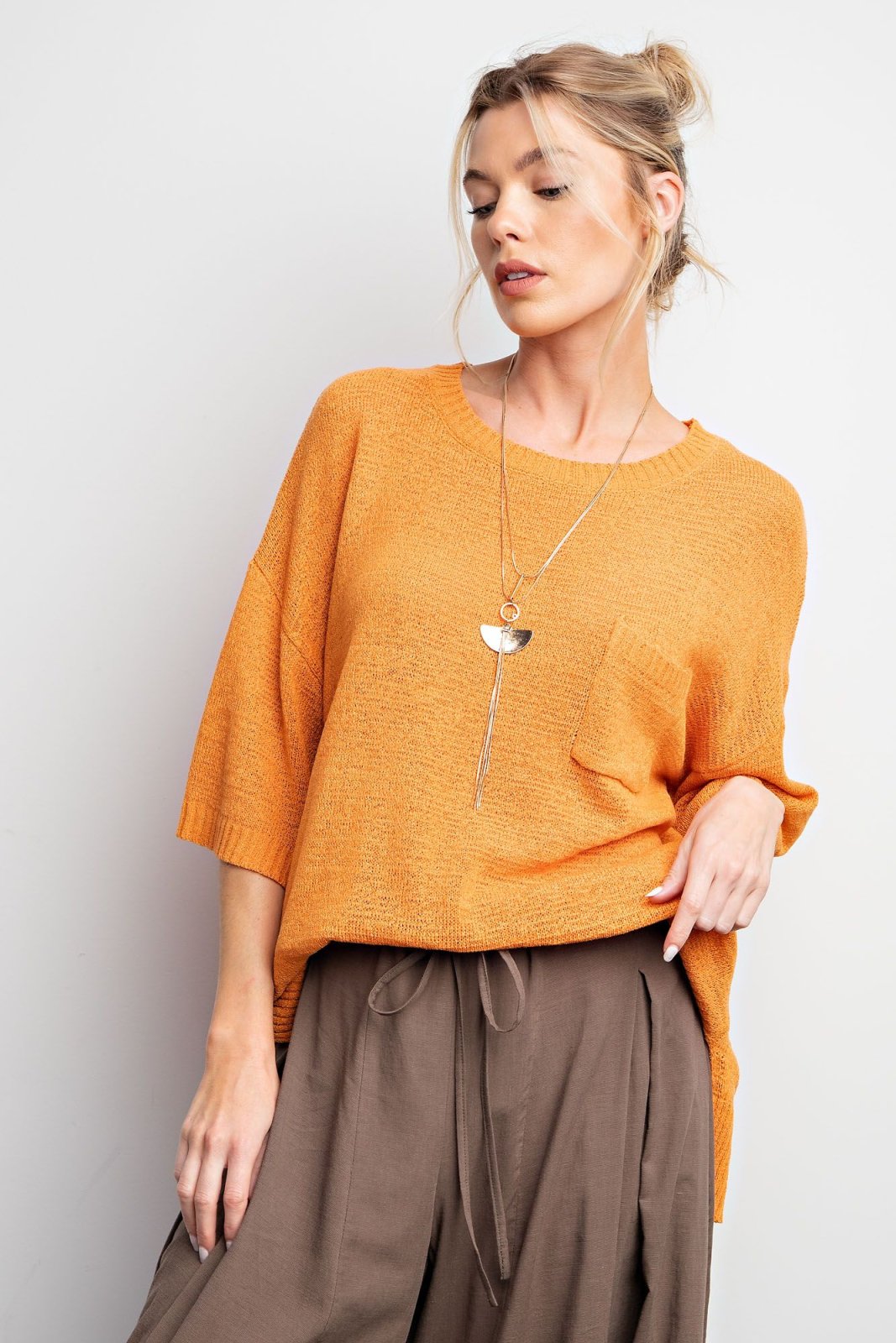 ORANGE SHORT SLEEVE KNITTED SWEATER TOP