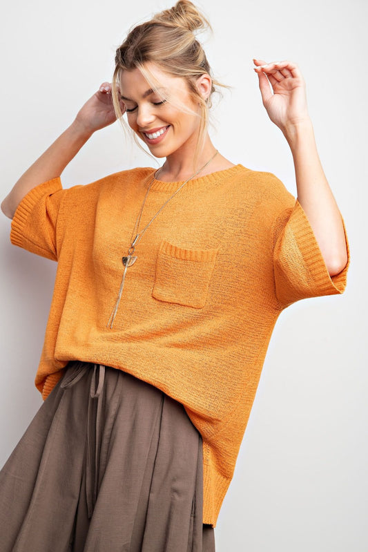 ORANGE SHORT SLEEVE KNITTED SWEATER TOP