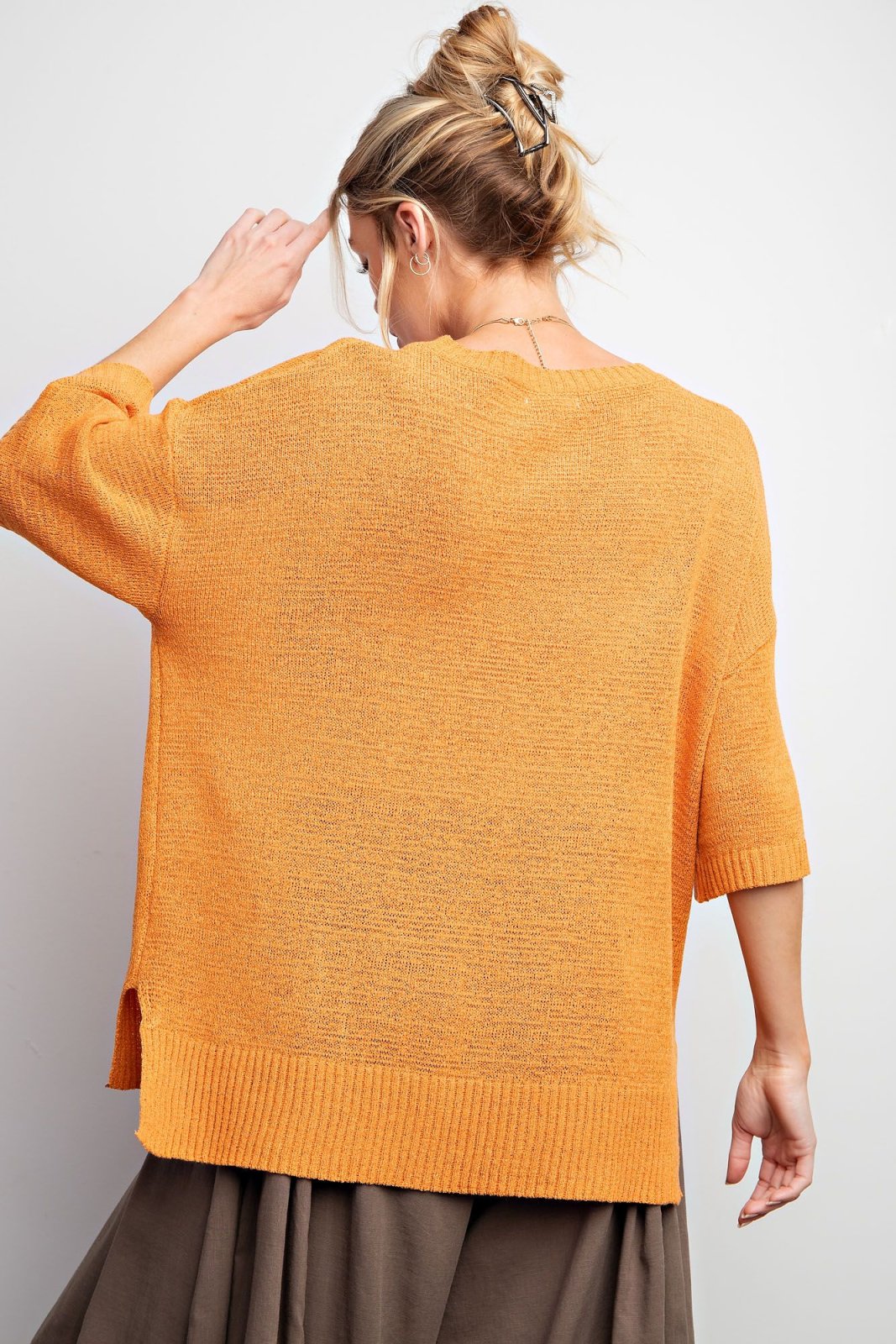 ORANGE SHORT SLEEVE KNITTED SWEATER TOP