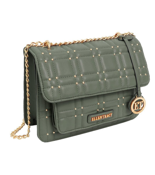 Sage Ellen Tracy Studded Smooth Squared Quilted Satchel Bag