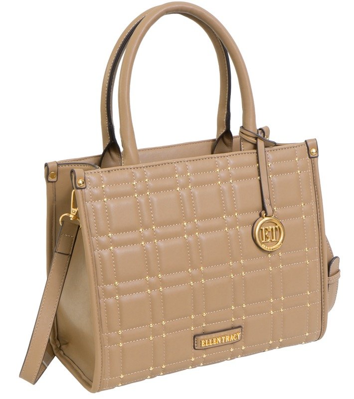 Tan Ellen Tracy Studded Smooth Squared Quilted Satchel Bag