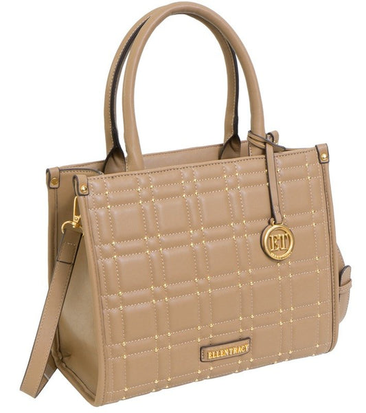 Tan Ellen Tracy Studded Smooth Squared Quilted Satchel Bag
