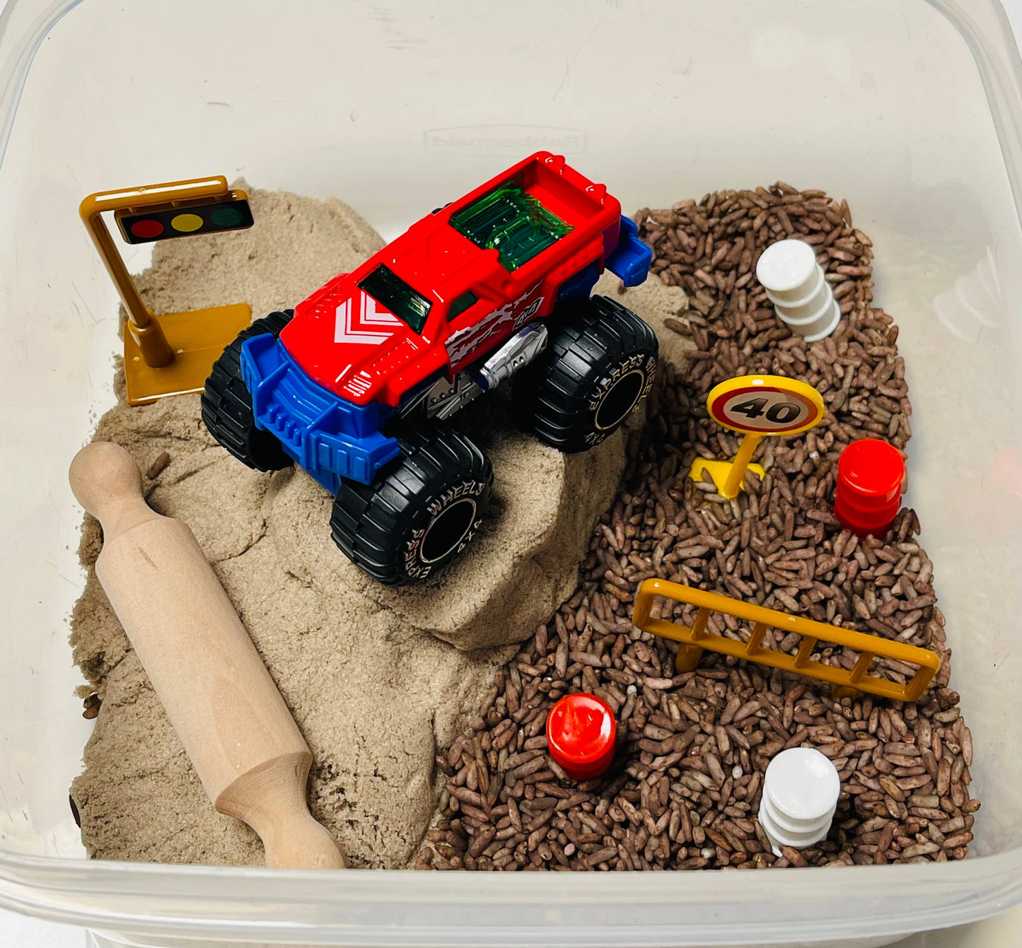 Monster truck madness Kinetic Sand and Sensory rice kit!