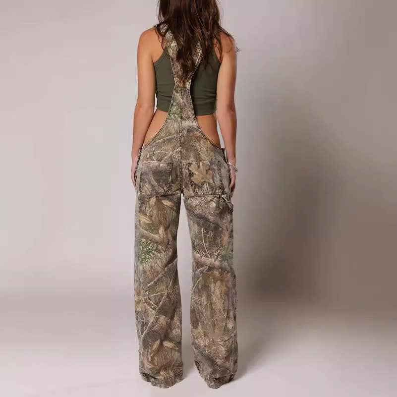 Low-rise bib jumpsuit distressed straight-leg printed pants