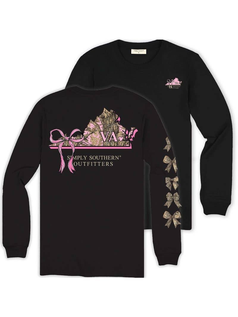 Pink Ribbon Camo Virginia Black Long Sleeve Tee by Simply Southern LS-STATE-VA-BLK