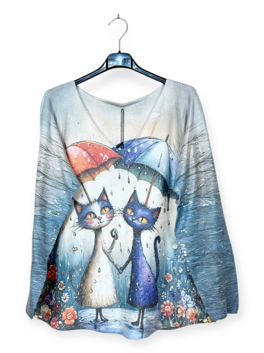 Cats in Rain Umbrella Print V-neck sweater with pattern, long sleeve