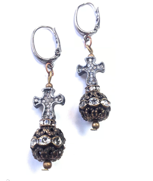 Bling Cross & Rhinestone Ball Earrings