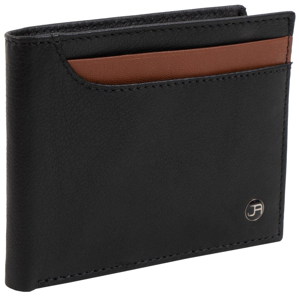 BLACK/COGNAC JACK ABRAHAMS GOAT NAPPA LEATHER BI-FOLD TOP FRONT WALLET