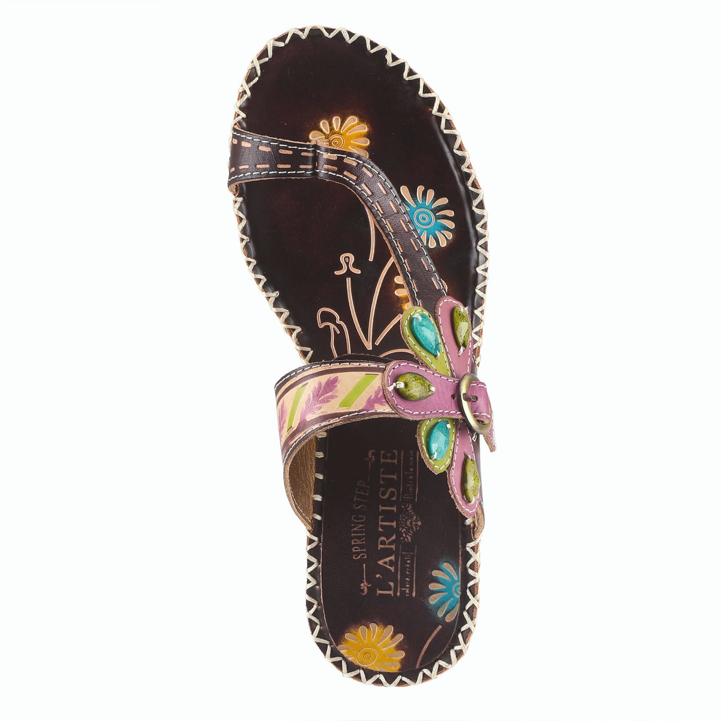 Santorini French inspired design, hand painted leather toe-ring thong sandal by L`ARTISTE