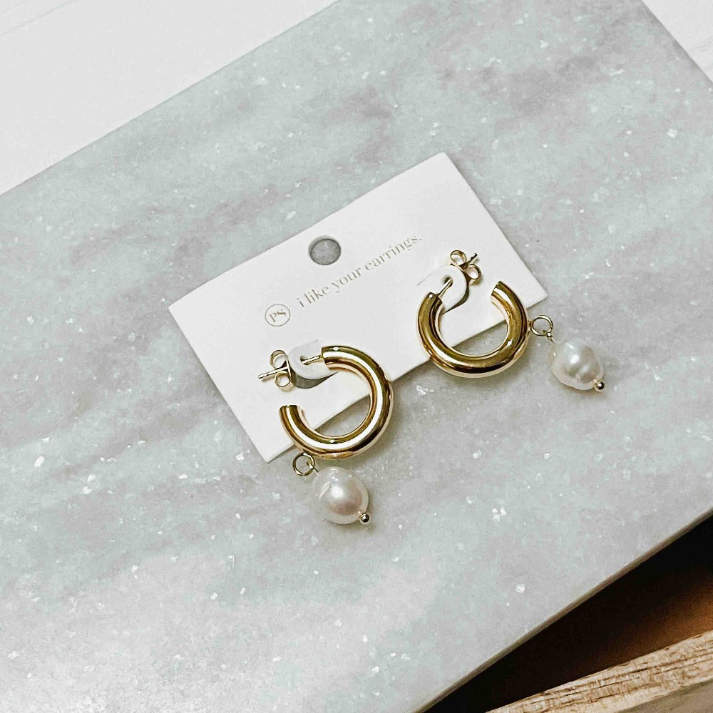 Pearled Dangle Hoop Earrings WATERPROOF