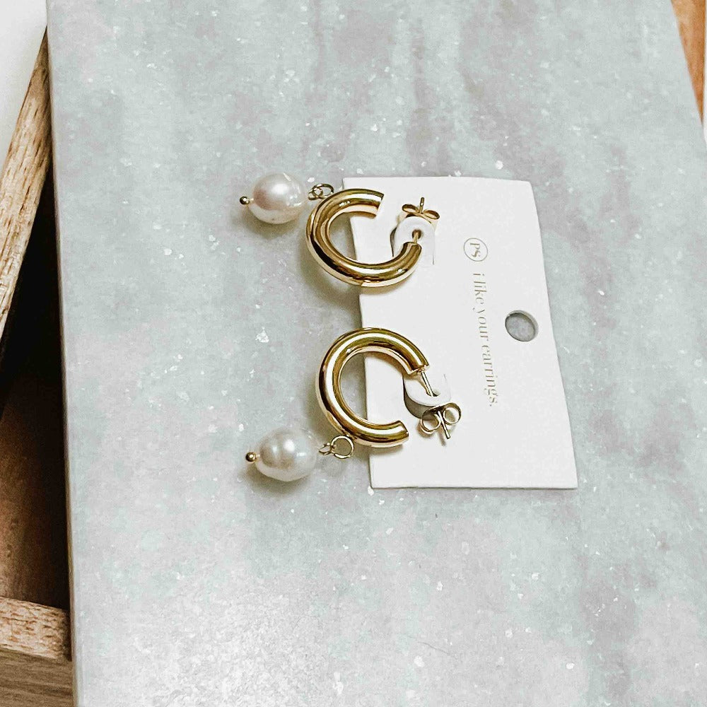 Pearled Dangle Hoop Earrings WATERPROOF