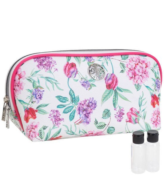 White Floral Dome Rebecca & Rifka Signature Logo Cosmetic Travel Bag