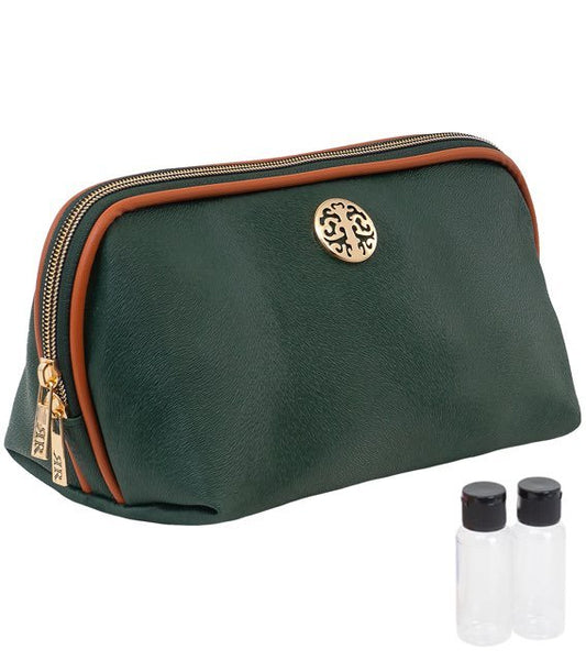Hunter Green Dome Rebecca & Rifka Signature Logo Embossed Calf Hair Textured Faux Leather Cosmetic Bag Travel Toiletry Kit