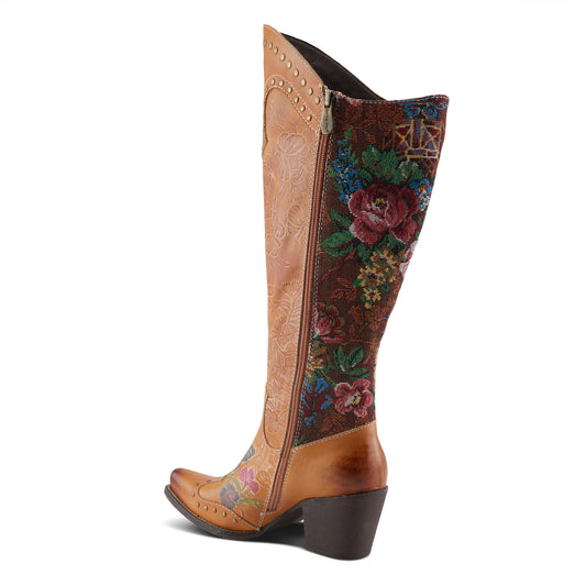 MALLORIE - Camel Handpainted Floral and Butterfly Design Cowboy Boot by L`ARTISTE