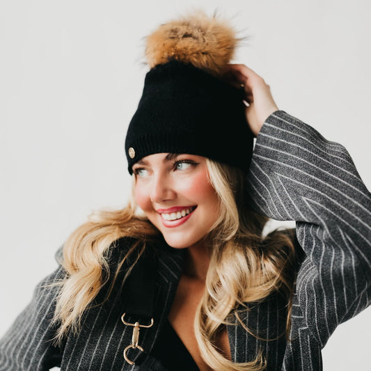 Fine Knit Fur Pom Slouchy Beanie