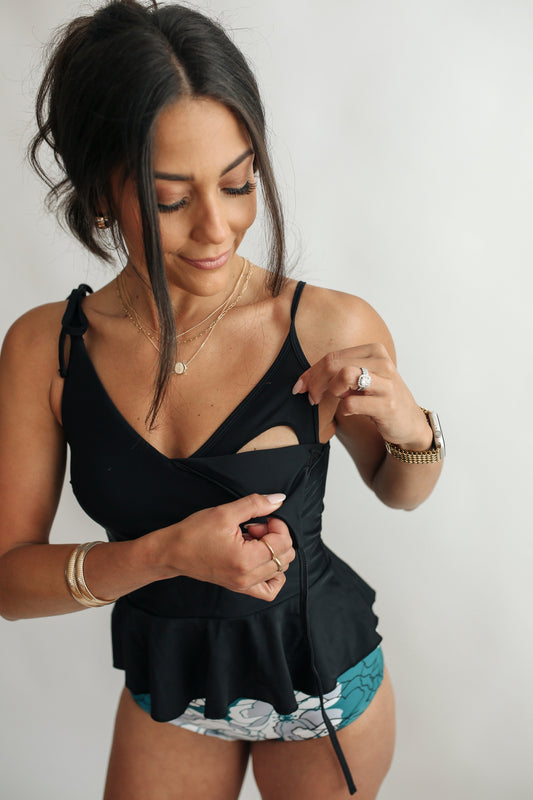 Tie Shoulder Breastfeeding Peplum Tankini Swimsuit Top