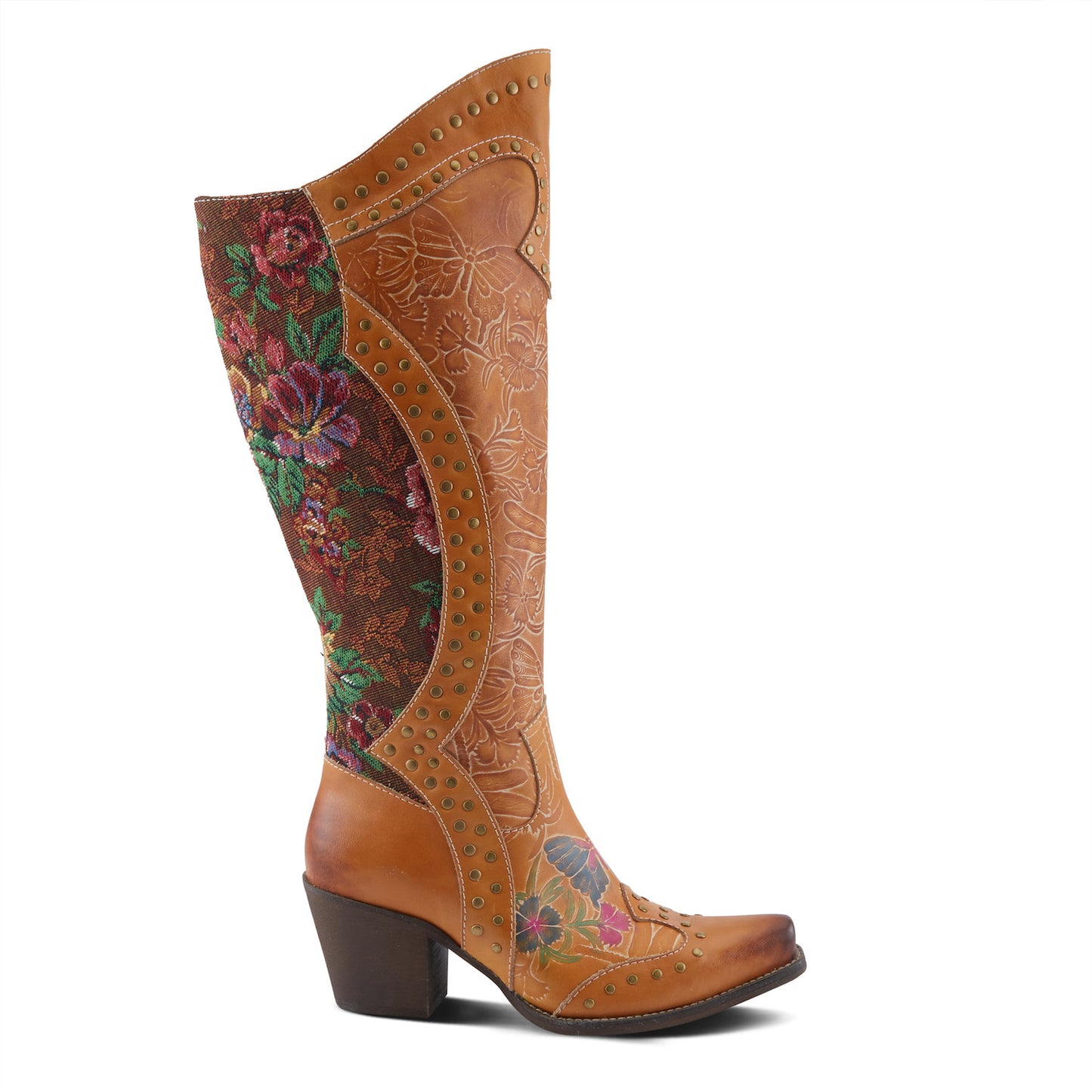 MALLORIE - Camel Handpainted Floral and Butterfly Design Cowboy Boot by L`ARTISTE