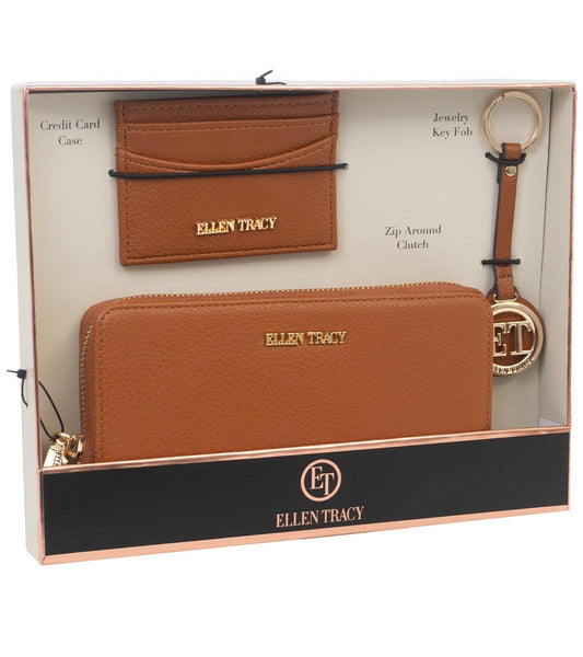 Cognac Ellen Tracy Women's 3 Piece Box Wallet Gift Set