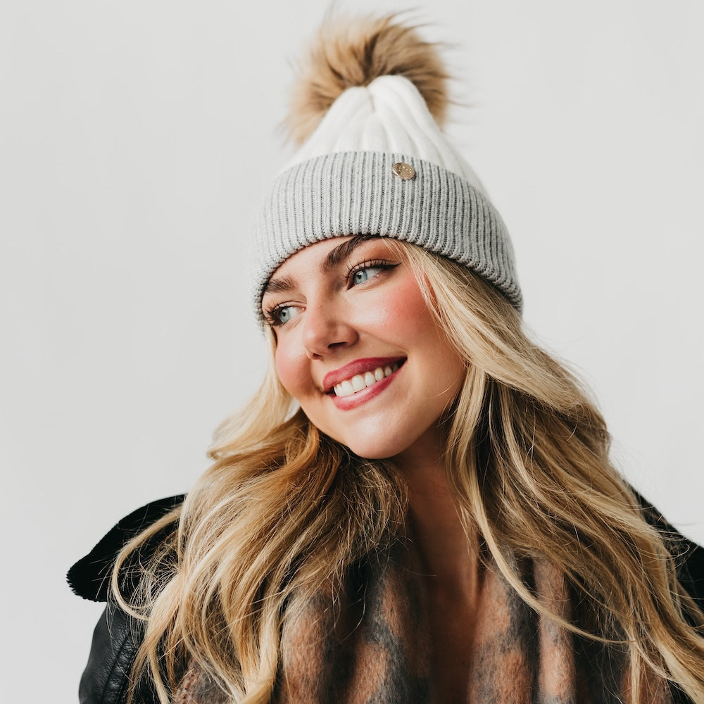 2 Tone Angora Knit Fur Pom Beanie