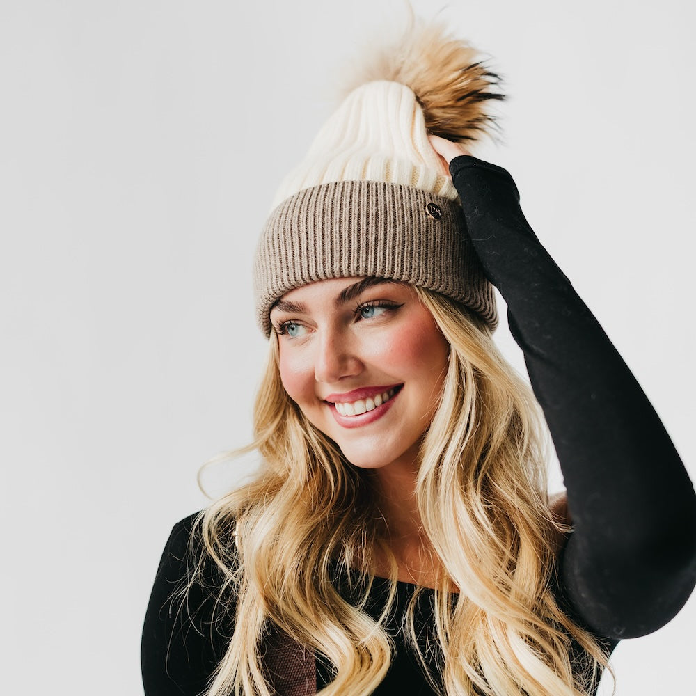 2 Tone Angora Knit Fur Pom Beanie