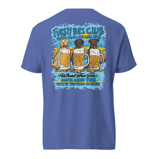 Fursty Pups Club Frosty Chugs with Loyal Mugs Always a Good Time With My Pawtners in Crime Navy S/S What The Fin Cotton Tee