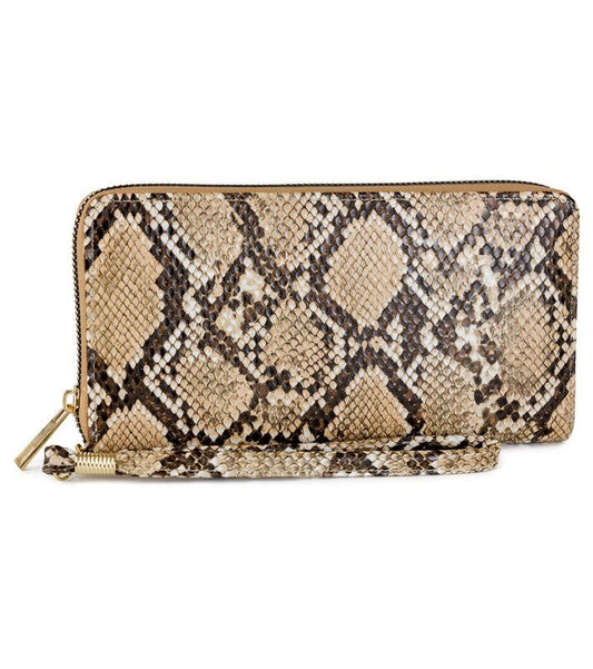 Taupe Rebecca & Rifka Vegan Snakeskin Leather Single Zip Wallet