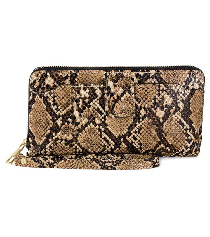 Dark Brown Rebecca & Rifka Faux Python Snakeskin Zip Around Wristlet W ...