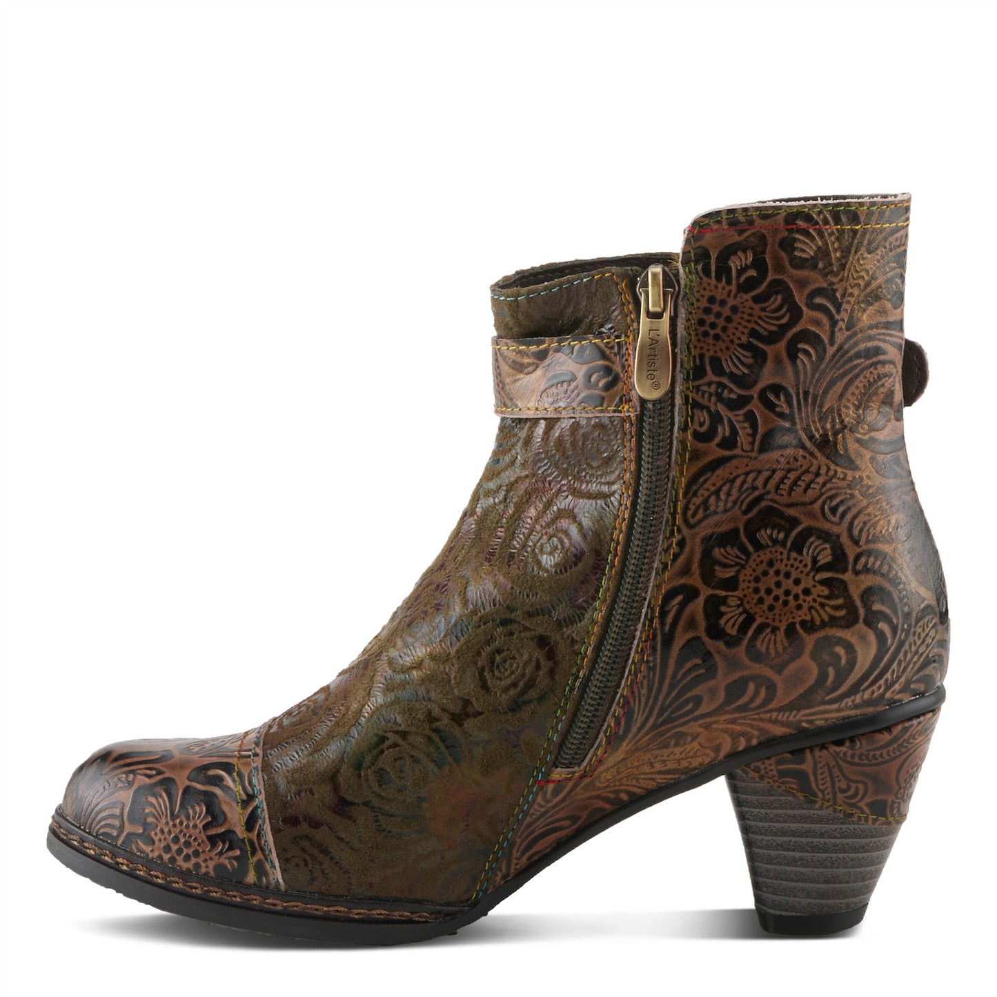 ANTILLES - Olive - Floral Details And Vintage-inspired Belt Buckle Boot by L`ARTISTE