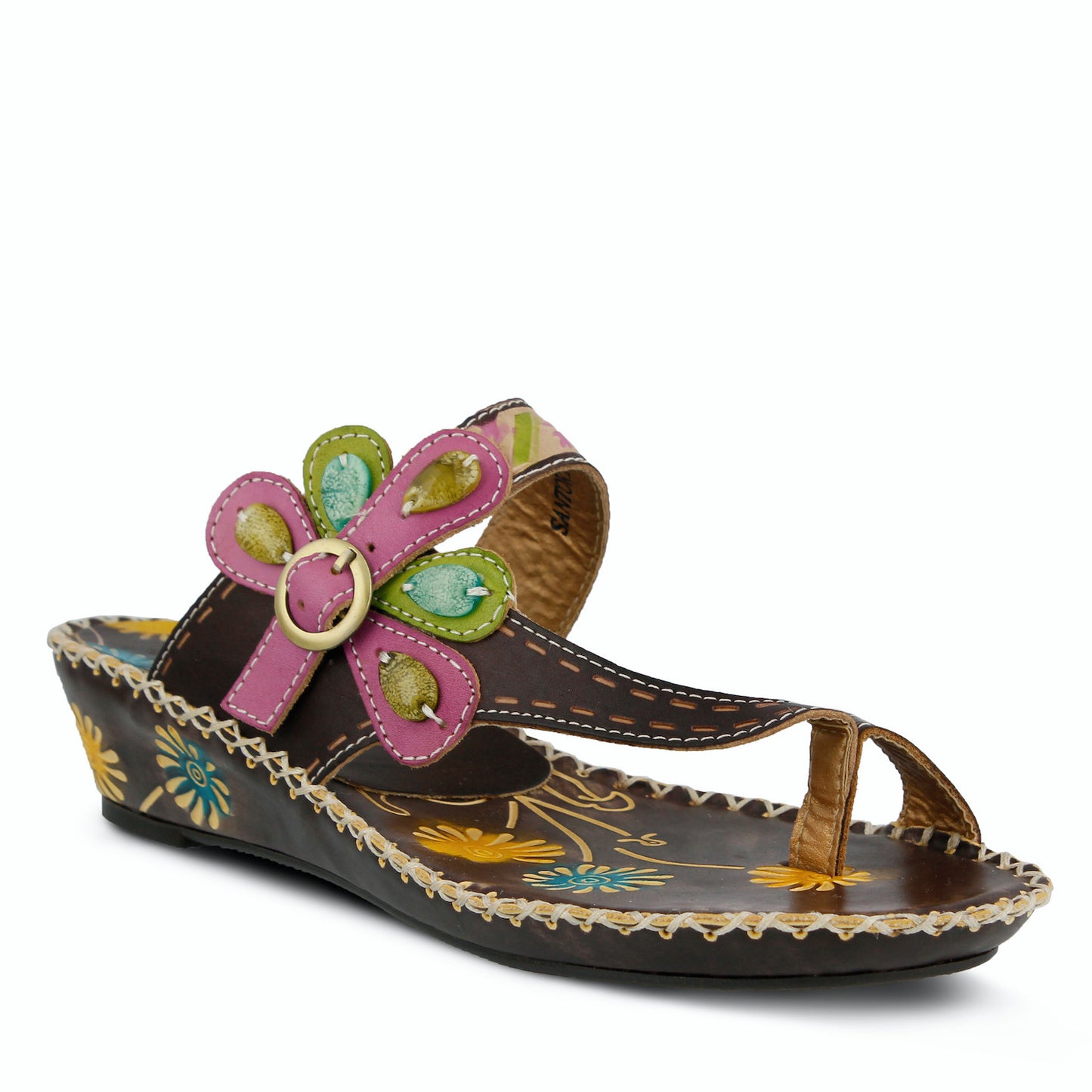 Santorini French inspired design, hand painted leather toe-ring thong sandal by L`ARTISTE