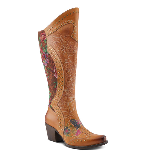 MALLORIE - Camel Handpainted Floral and Butterfly Design Cowboy Boot by L`ARTISTE