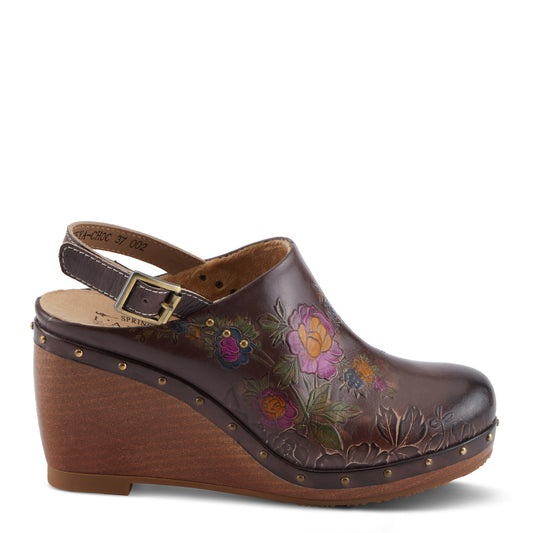 LOVEYA Slingback Wedge with hand painted flowers in a Chocolate Brown by L`ARTISTE